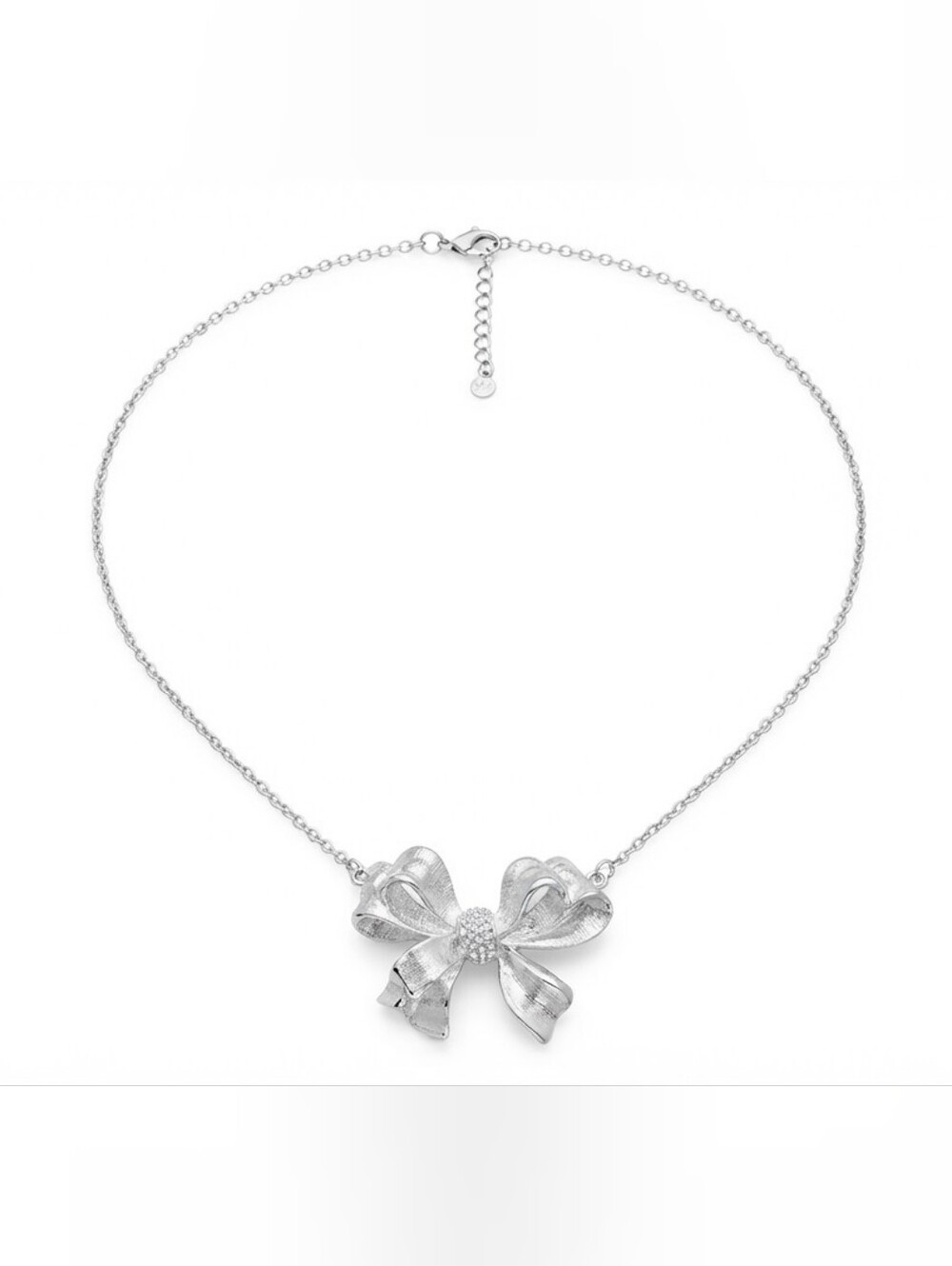 Silver Tone Statement Necklace with Large Bow Pendant Rhinestone Accents